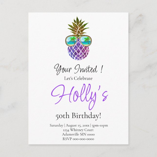 Födelsedagsfest av ananas lila vid Tropiskt rosa Vykort (Framsida)