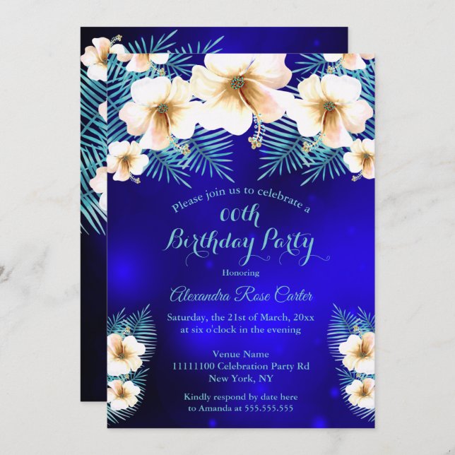 Födelsedagsfest av blått Tropiskt Royal Inbjudningar (Fram/baksida)