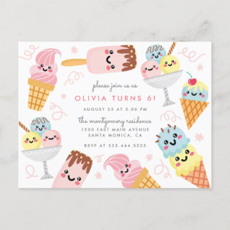 Födelsedagsfest av Cute Pastel Ice kräm-Barn Inbjudan Vykort