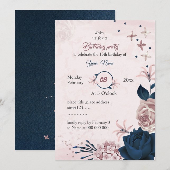 födelsedagsfest av elegant marin och rosa blommor inbjudningar (Fram/baksida)