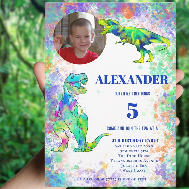 Födelsedagsfest av färgämnet dinosaur inbjudningar (T-Rex colorful watercolor dinosaur 5th birthday party photo invitation )