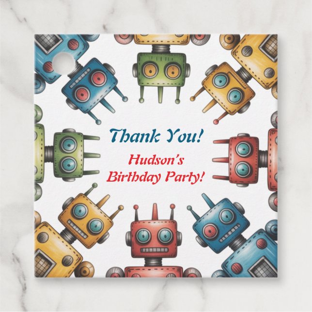 Födelsedagsfest av färgstarka Retro Robots Boy Gåvor Etiketter (Framsida)
