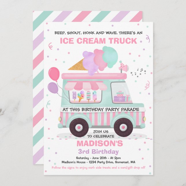 Födelsedagsfest av iskräppost per födelsedag Parad Inbjudningar (Fram/baksida)