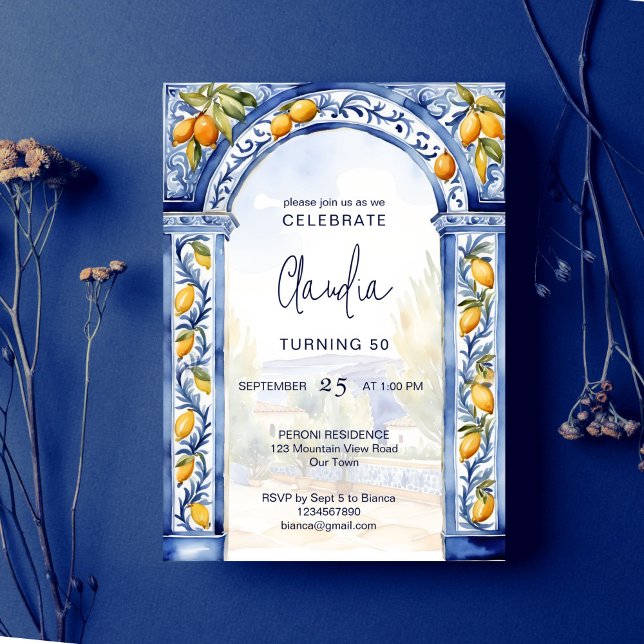 Födelsedagsfest av italienska blåplattor inbjudningar (Italian Blue tiles arch lemons birthday party editable template Invitation digital download)