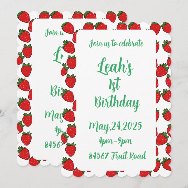 Födelsedagsfest av jordgubbar tema inbjudningar (Fram/baksida)