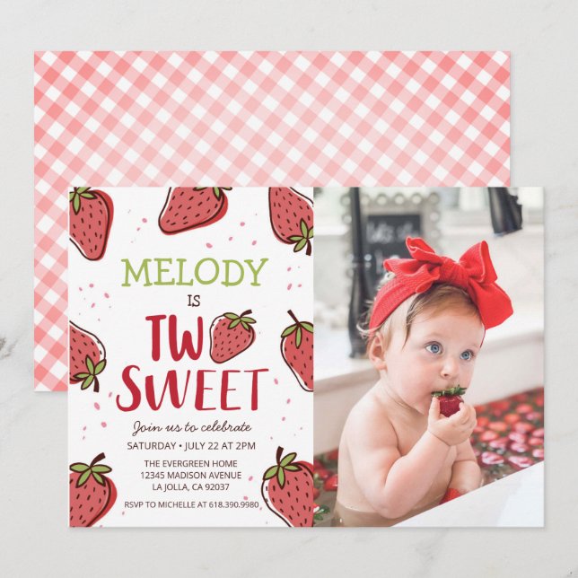 Födelsedagsfest av jordgubbar ・ Två sötinbjudninga Inbjudningar (Fram/baksida)