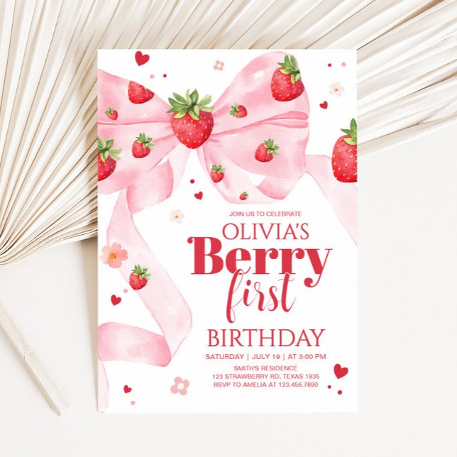 Födelsedagsfest av jordgubbskokvett inbjudningar (Strawberry Coquette Berry First Birthday Party Invitation)