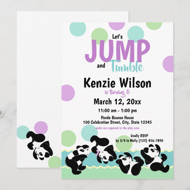 Födelsedagsfest av jump och parabaserade pandor inbjudningar (Fram/baksida)