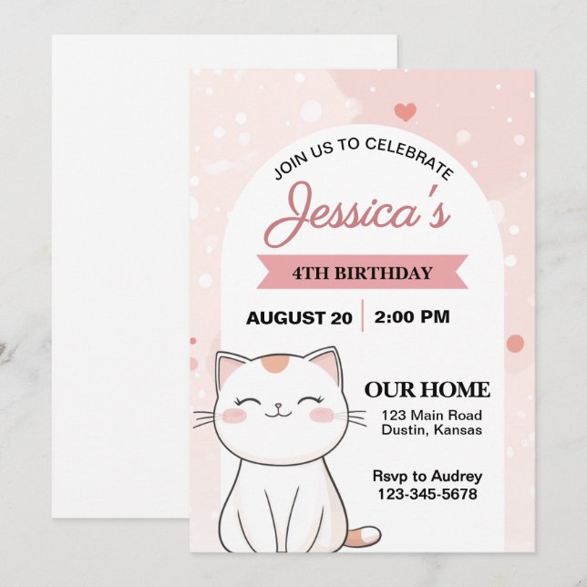 Födelsedagsfest av katt och grå katt inbjudningar (Fram/baksida)