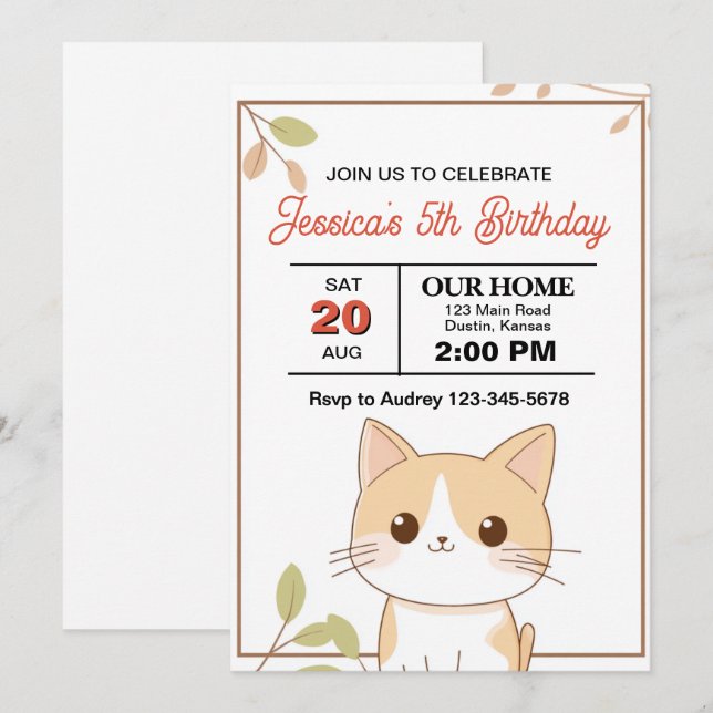 Födelsedagsfest av katt och grå katt inbjudningar (Fram/baksida)