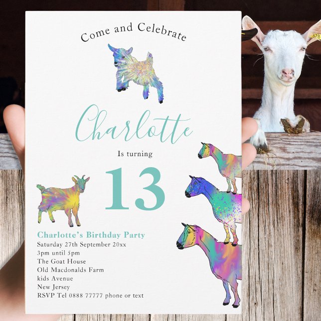 Födelsedagsfest av levererat fett från djur inbjudningar (Cute goats colorful farm animal art 13th birthday party invitation )