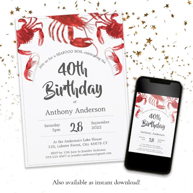 Födelsedagsfest av rödvit Anpassningsbar Inbjudningar (Seafood Boil Red White Custom Birthday Party Invitation)