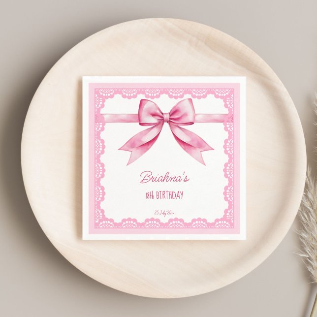 födelsedagsfest av rosa båge tryckt pappersservett (Pink bow coquette birthday party printed napkins template personalized birthday napkins vintage lace)
