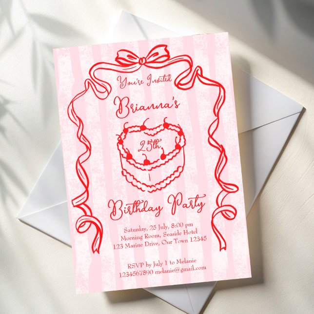 Födelsedagsfest av rosa coquette-båge i körsbärska inbjudningar (Cherry cake pink bow ribbon handrawn sketch coquette birthday party invitation template)