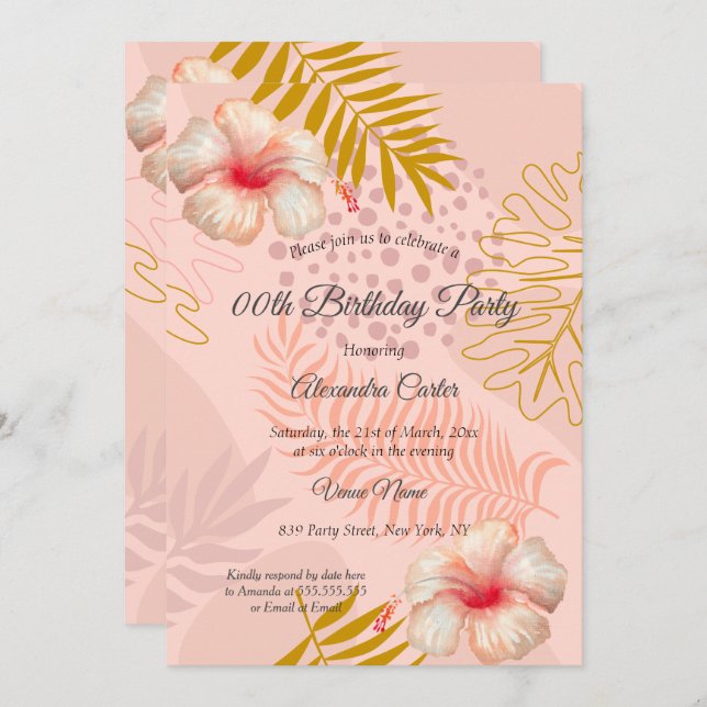 Födelsedagsfest av Rosa Tropik Blommigt Inbjudningar (Fram/baksida)