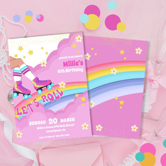 Födelsedagsfest av rullskridret Retro Rainbow Inbjudningar (Skapare uppladdad)