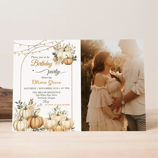Födelsedagsfest av Rustic Pumpkin Fall Blommigt Ph Inbjudningar (Skapare uppladdad)