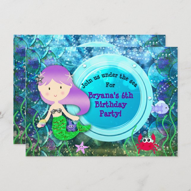 Födelsedagsfest av Sjöjungfru under havsstranden Inbjudningar (Fram/baksida)