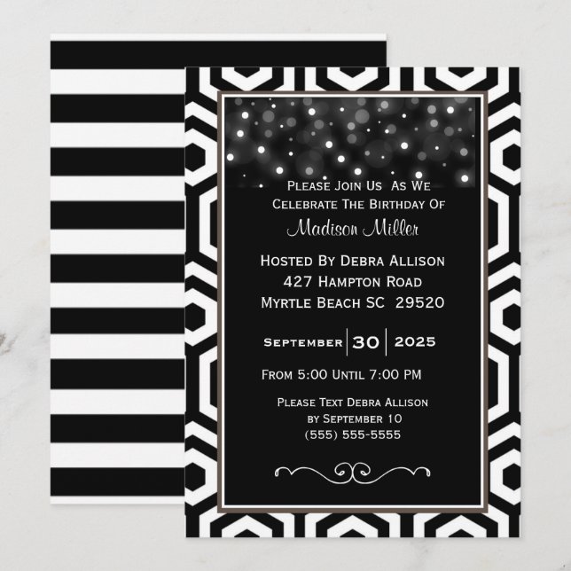 Födelsedagsfest av svart och vitt konfetti inbjudningar (Fram/baksida)