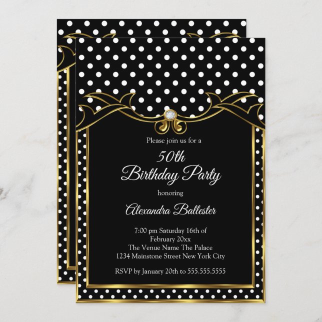 Födelsedagsfest av svart vitt Polka dots, foto Inbjudningar (Fram/baksida)