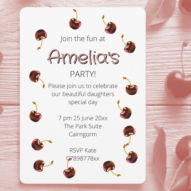 Födelsedagsfest av Sweet Cherry Personlig Inbjudningar (Cherry coded party invites.)