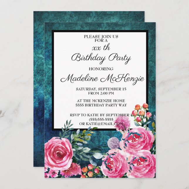 Födelsedagsfest av Teal Rosa ros Grapes Inbjudningar (Fram/baksida)