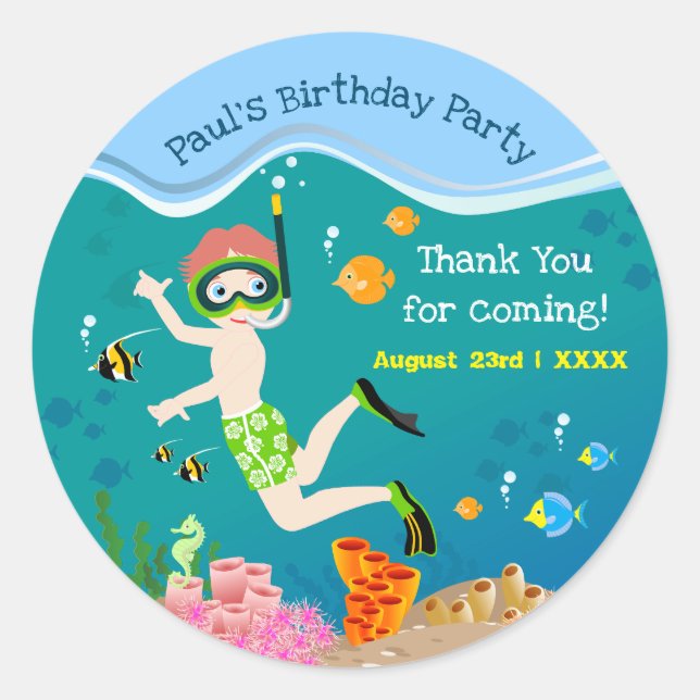 Födelsedagsfest av tropisk fiskpojke runt klistermärke (Framsida)
