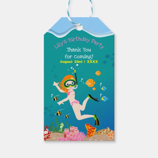 Födelsedagsfest av tropiska fiskflickor presentetikett (Framsidan)