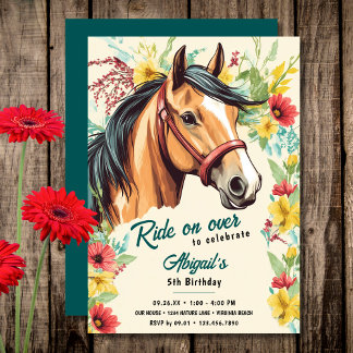 Födelsedagsfest av vackert Horse och Wildblomma Inbjudningar