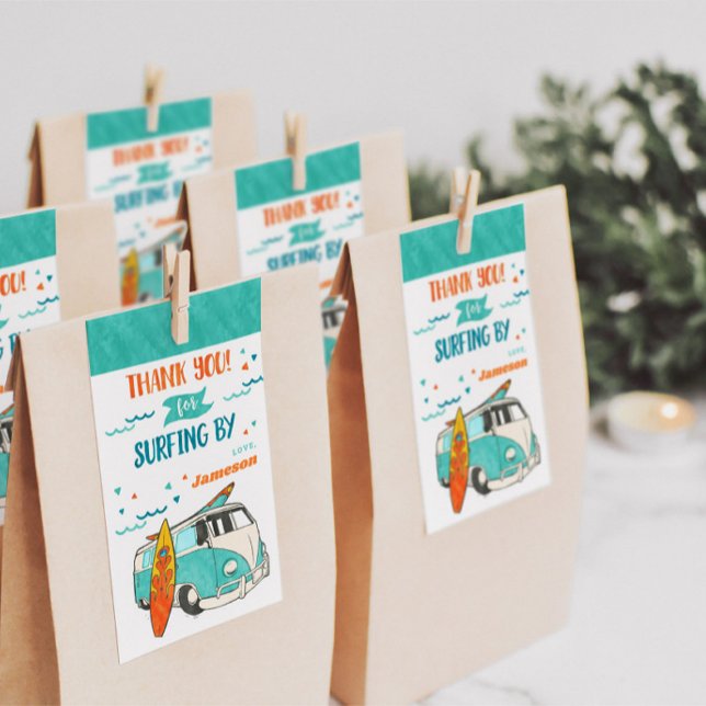 Födelsedagsfest av vattenfärg Surfer Van Surfa Presentetikett (Skapare uppladdad)