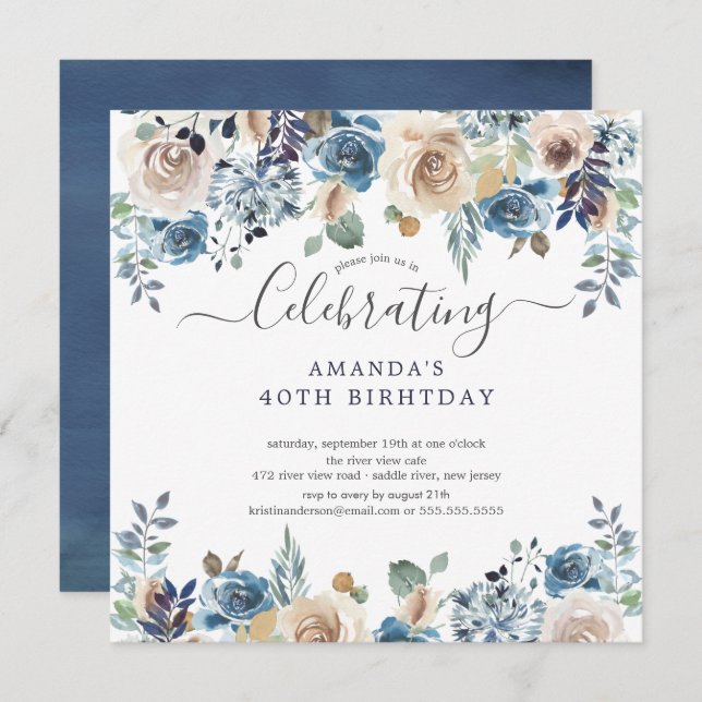 Födelsedagsfest av vattenfärgen Blue & Cream Blomm Inbjudningar (Fram/baksida)