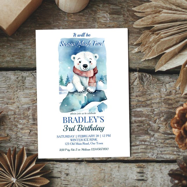 födelsedagsfest av vinterbjörn för polar inbjudningar (Polar bear winter birthday party editable template invitation digital download cute cube on ice rock)