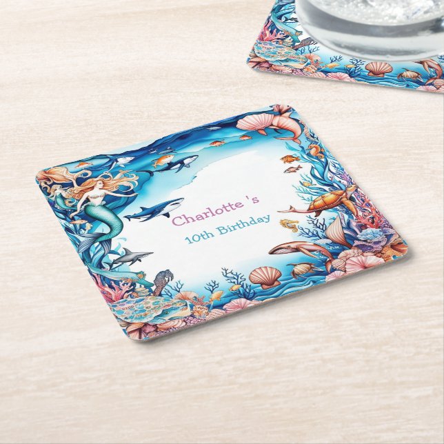 födelsedagsfest av viskartad sjöjungfru för regnbå underlägg papper kvadrat (Vinklad)