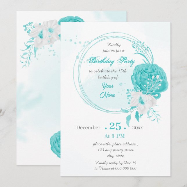 födelsedagsfest av vitaktig blommigt med utandning inbjudningar (Fram/baksida)