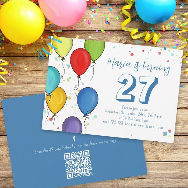 Födelsedagsfest Balloi Confetti QR-kod Facebook Inbjudningar (Skapare uppladdad)
