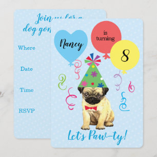 Födelsedagsfest Balloons Pug-inbjudan Inbjudningar