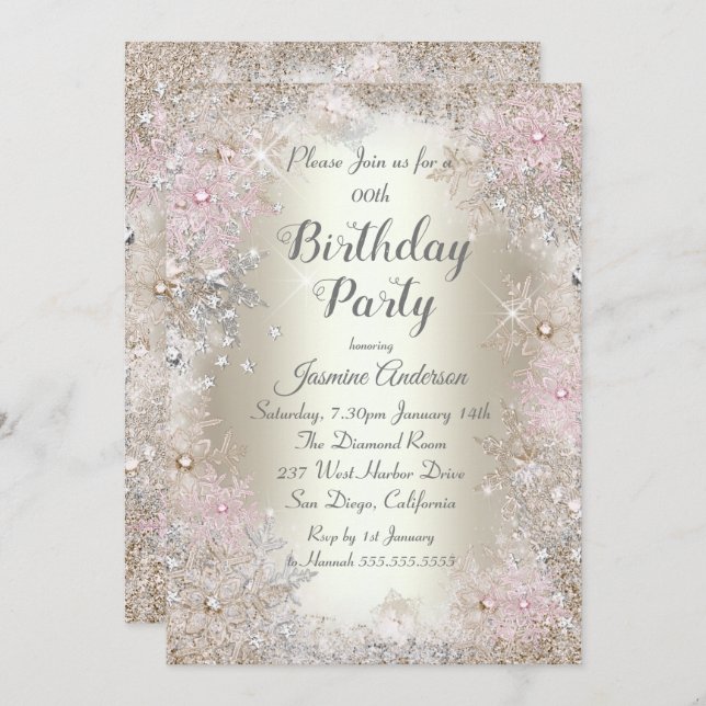 Födelsedagsfest Beige guld Rosa Winter Wonderland Inbjudningar (Fram/baksida)