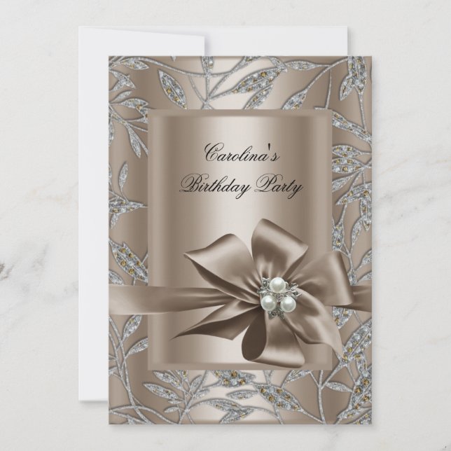 Födelsedagsfest Beige Silver Pärl Damask 2 Inbjudningar (Framsida)
