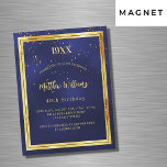 Födelsedagsfest blå guld-födelselyx magnetisk inbjudningskort<br><div class="desc">En mörk blått,  marin blå bakgrund. Den blå färg är ojämn. Med faux guld ram och golden konetti sprinkle,  guldfärgad brev. Anpassa och lägg till födelseår,  namn,  party.</div>