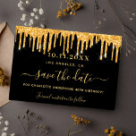 Födelsedagsfest Black guld glitter spara datumet<br><div class="desc">Ett giftigt och trendig Spara datumkortet för en 40:e (eller någon annan ålder) födelsedagsfest. En balkbakgrund som dekoreras med faux guld glitter droppar,  färgdroppstift. Anpassa och lägg till datum och namn/ålder 40. Texten: Spara datumet skrivs med ett stort trendig-handskript i stil.</div>