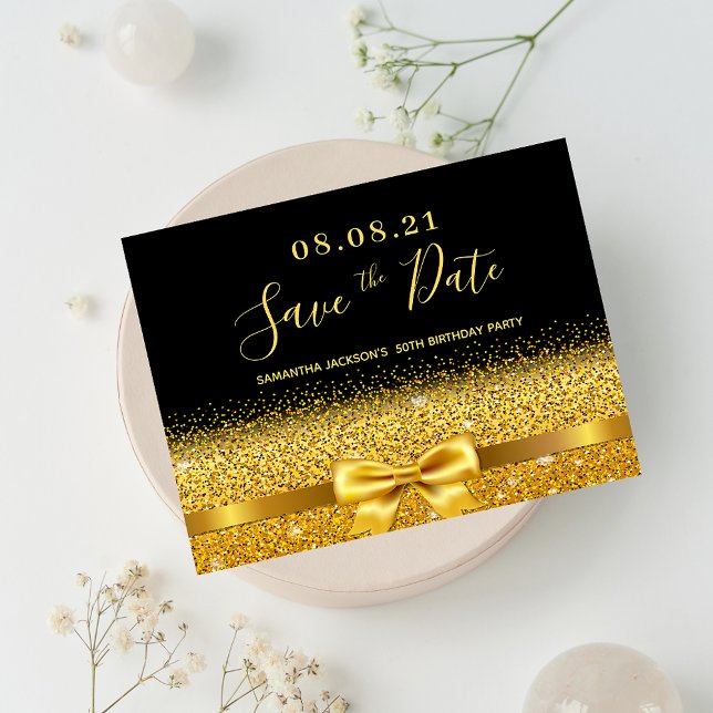 Födelsedagsfest Black guld glitter spara datumet Vykort (Skapare uppladdad)