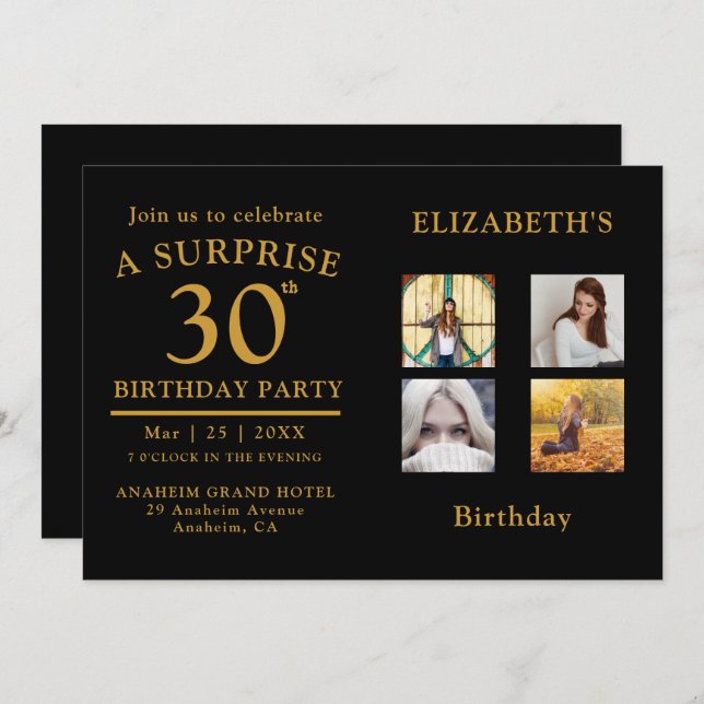 Födelsedagsfest Black Guld Photo Collage-inbjudan Inbjudningar (Fram/baksida)