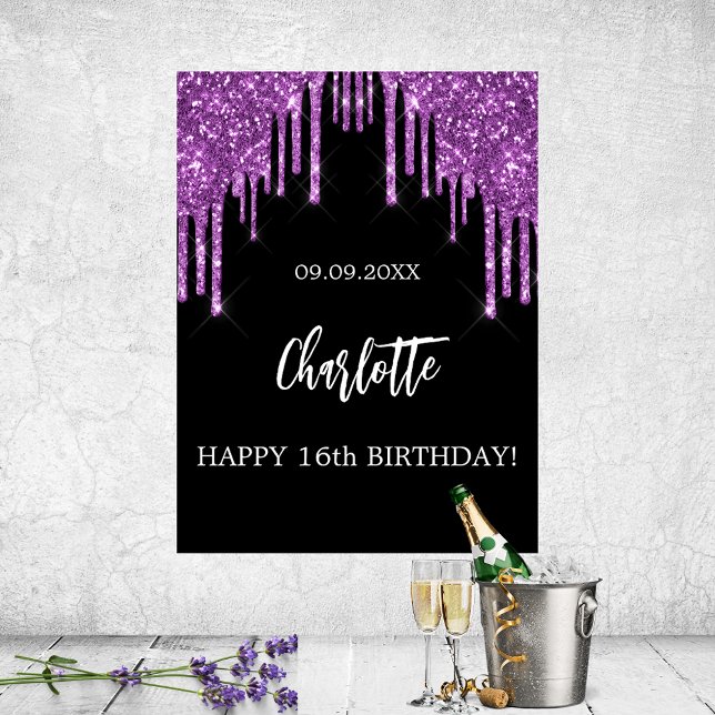 Födelsedagsfest Black lila glitter droppar glam Poster (Skapare uppladdad)