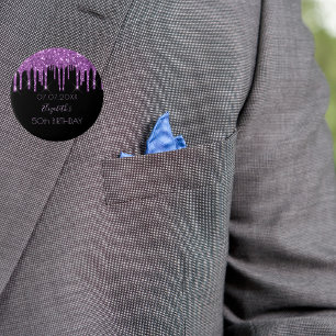 Födelsedagsfest Black lila glitter droppar monogra Knapp