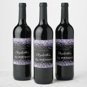 Födelsedagsfest Black lila glitter Stoft namn Vinflaska Etikett