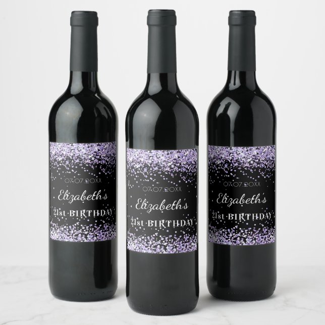 Födelsedagsfest Black lila glitter Stoft namn Vinflaska Etikett (Flaskor)