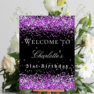 Födelsedagsfest Black lila glitter välkommen Poster