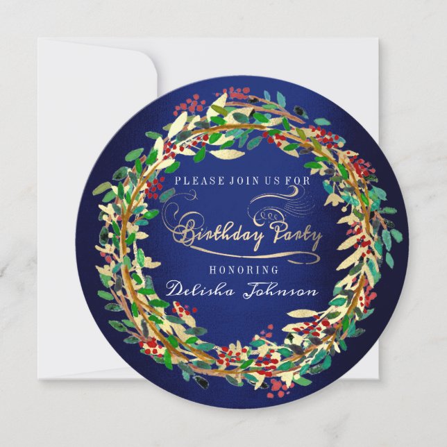 Födelsedagsfest Blommigt Elegant Blue Navy Grönt G Inbjudningar (Framsida)