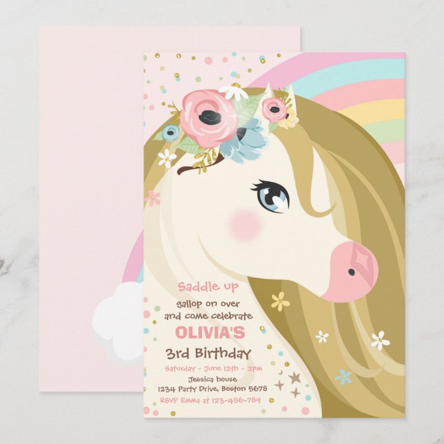 Födelsedagsfest Blommigt Rosa Pony Birthday Inv Inbjudningar (Fram/baksida)