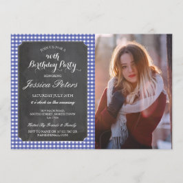 Födelsedagsfest Blue Check Rustic Chalk Photo Inbjudningar